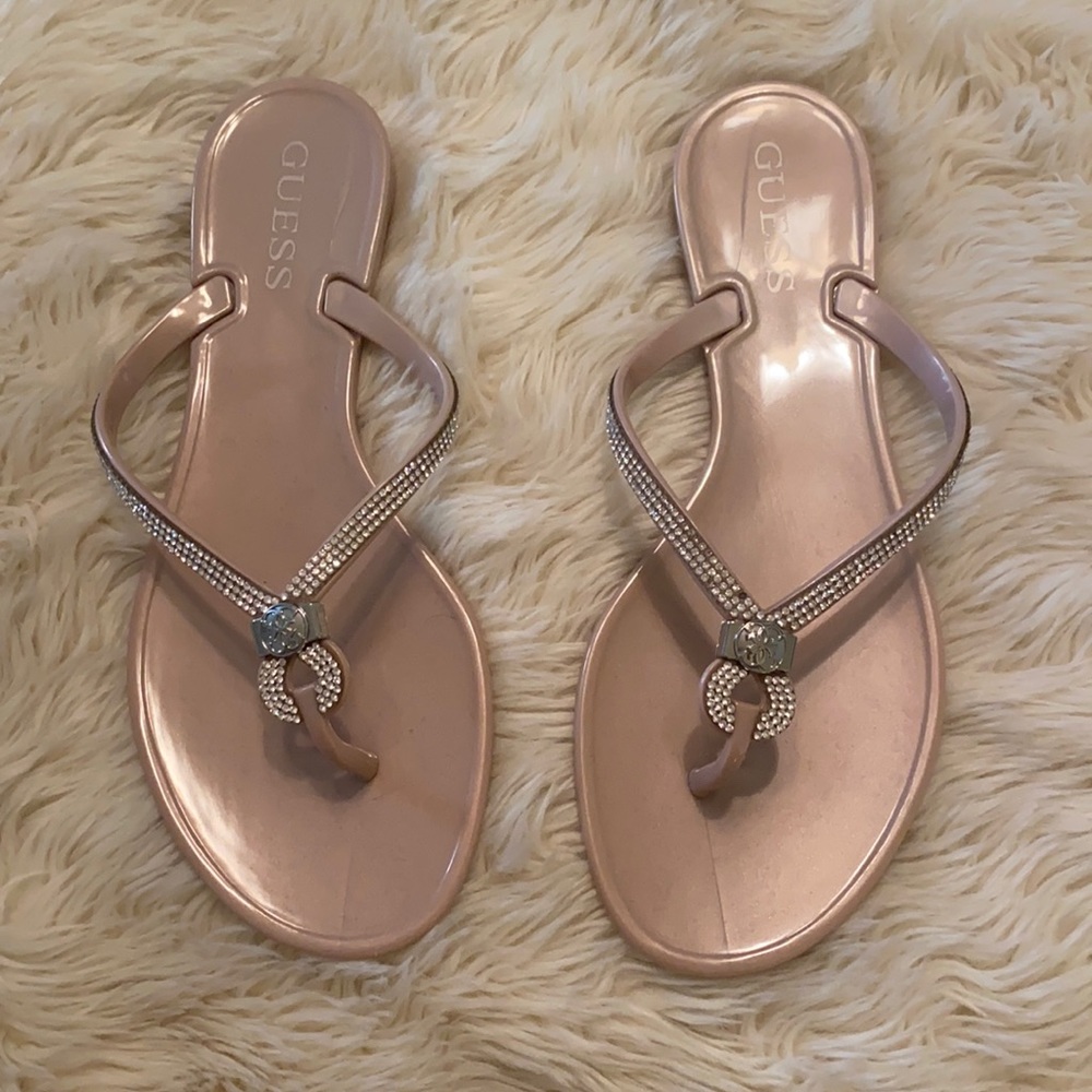 Pink waterproof Guess diamond studded flip flops